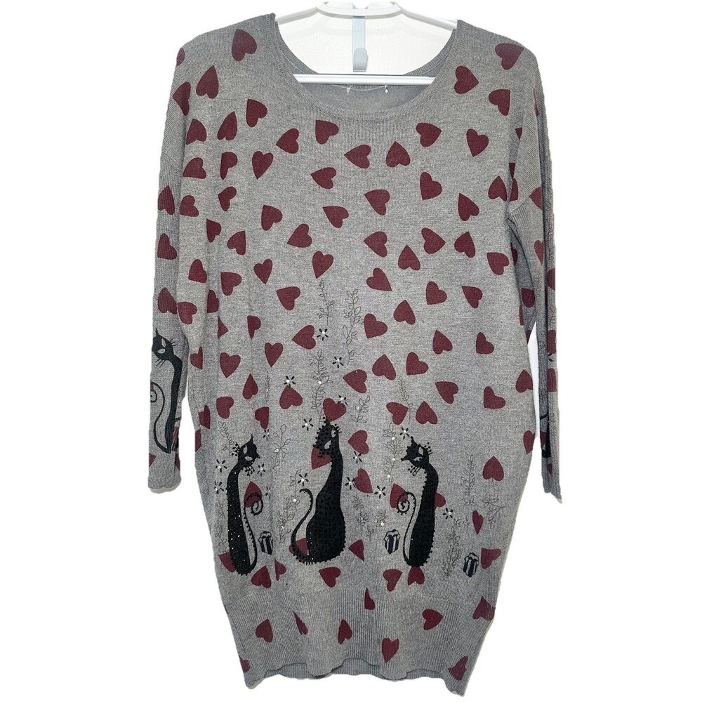 Whimsical Cat Sweater Red Hearts Tunic Gray Cozy Knit Small Rayon Stretch